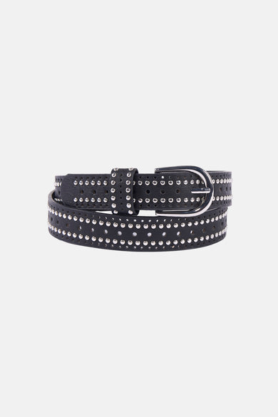 Ceinture noire en cuir, de Morgan de Toi, avec clous décoratifs argentés et perforations.