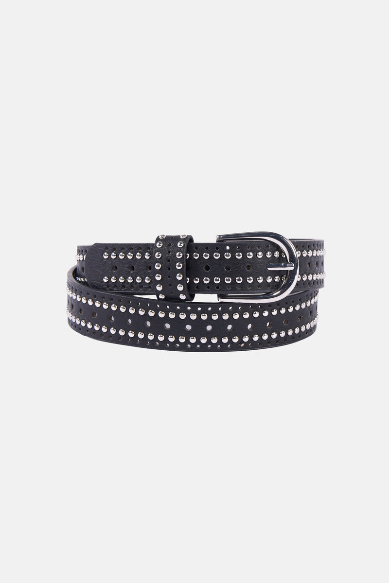 Ceinture noire en cuir, de Morgan de Toi, avec clous décoratifs argentés et perforations.
