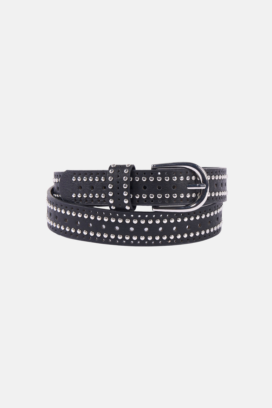 Ceinture noire en cuir, de Morgan de Toi, avec clous décoratifs argentés et perforations.