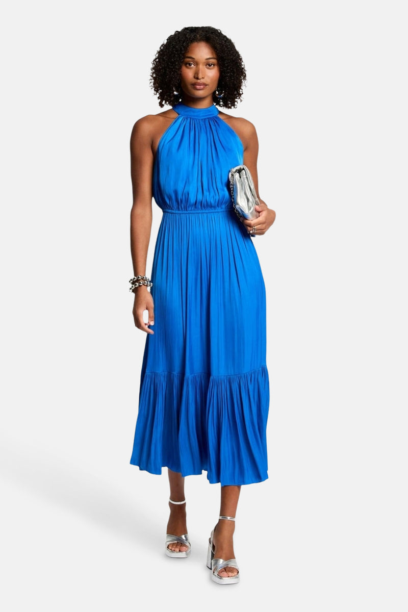 Robe bleue de Morgan de Toi avec une coupe fluide et un ourlet à volant.
