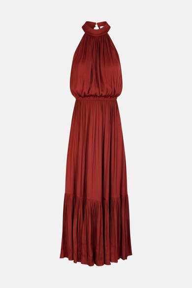 Robe longue brique à col montant de Morgan de Toi, avec taille élastiquée et volant froncé à l'ourlet.