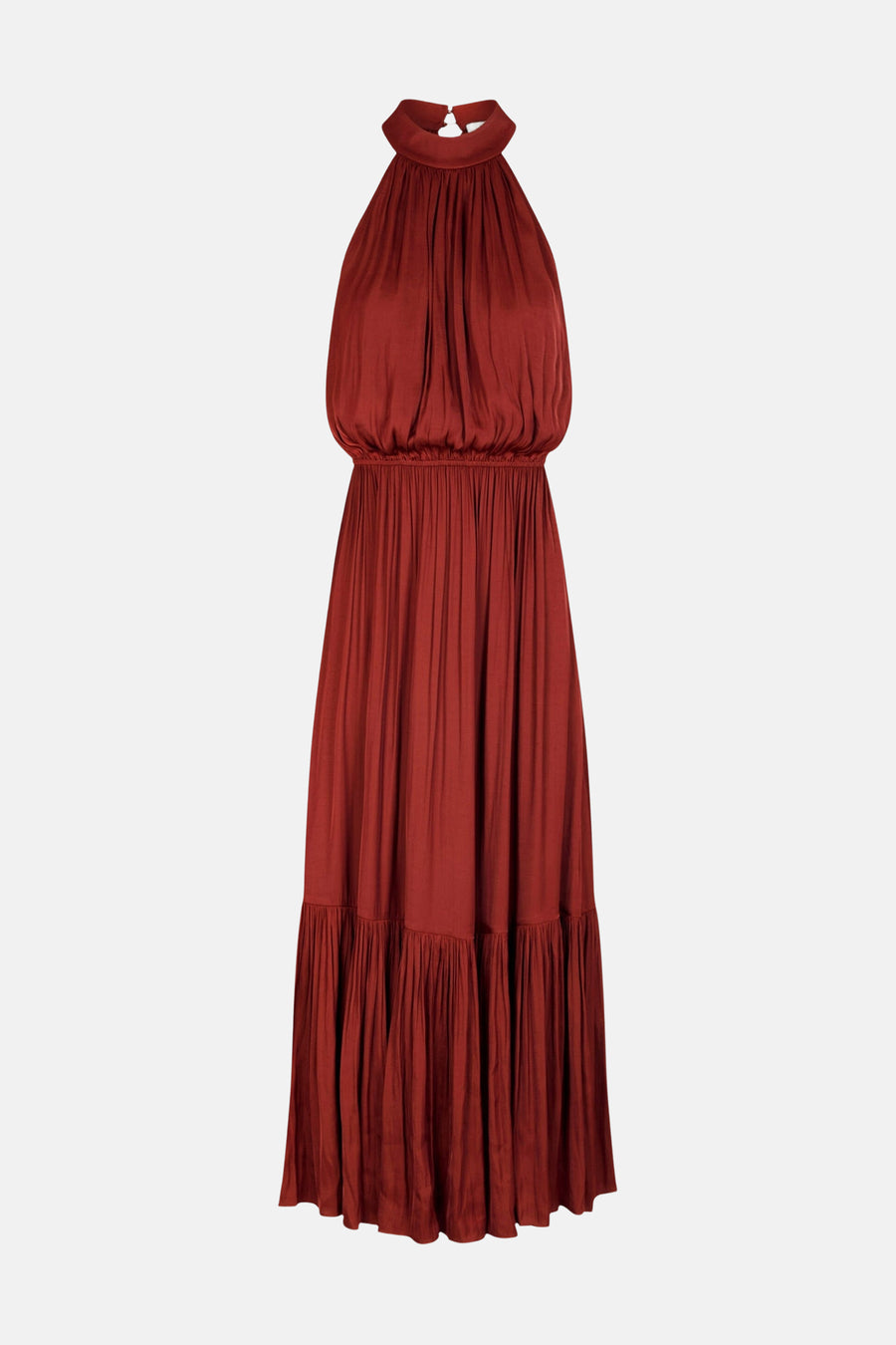 Robe longue brique à col montant de Morgan de Toi, avec taille élastiquée et volant froncé à l'ourlet.