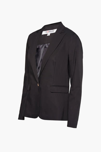 Zwarte blazer van Morgan de Toi, met een gouden knoopsgat en een discrete klepzak.