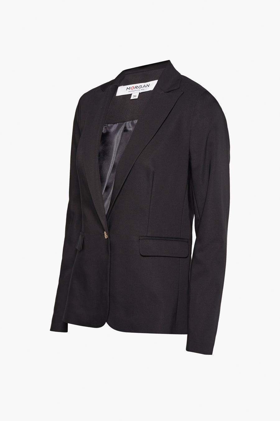 Zwarte blazer van Morgan de Toi, met een gouden knoopsgat en een discrete klepzak.
