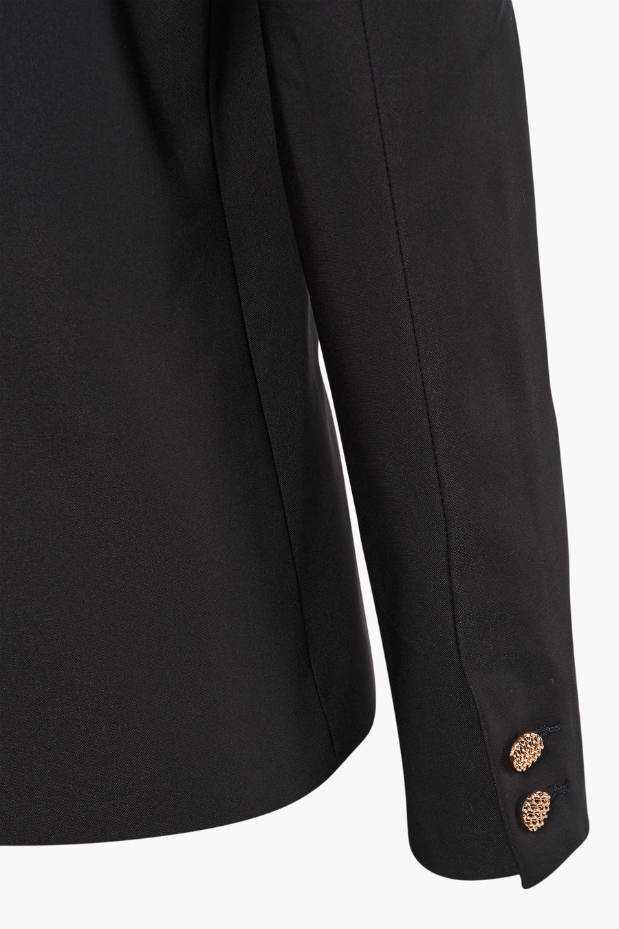 Zwarte blazer van Morgan de Toi met twee decoratieve gouden knopen op de mouw, getailleerde pasvorm.