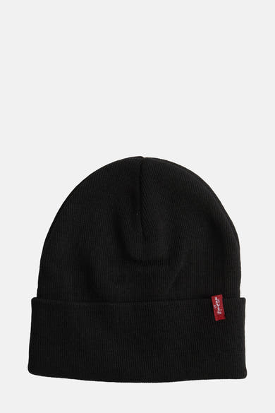 Zwarte muts van Levi's® Accessories, in ribgebreid, met omslag.