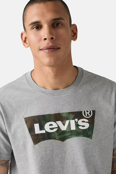 Grey short-sleeve t-shirt by Levi's with camouflage logo print, crew neck, front view on model