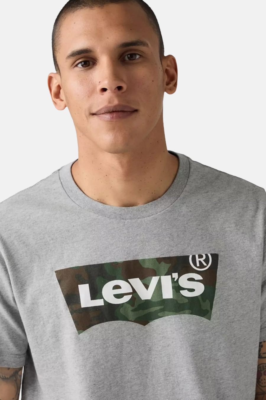 Grey short-sleeve t-shirt by Levi's with camouflage logo print, crew neck, front view on model