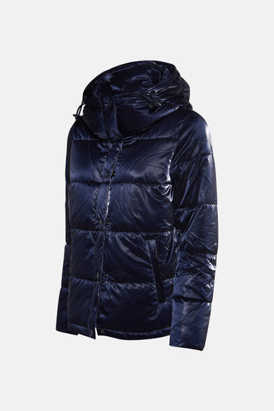 Korte blauwe jas van LAURA JO met capuchon en drukknoopsluiting.