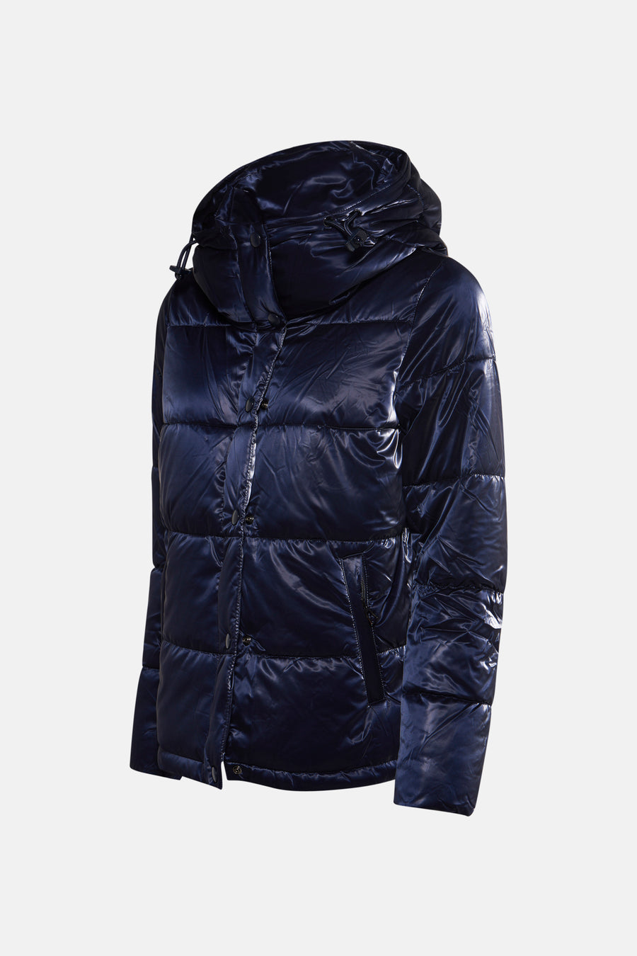 Korte blauwe jas van LAURA JO met capuchon en drukknoopsluiting.