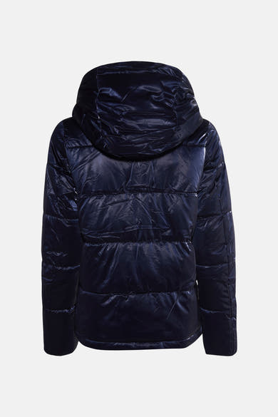 Veste courte bleue de LAURA JO, avec capuche et texture matelassée.
