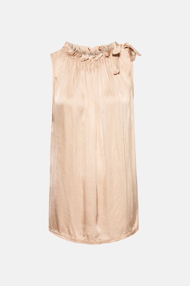 Beige mouwloze top van Terra di Siena met een geplooide hals en satijnen textuur.