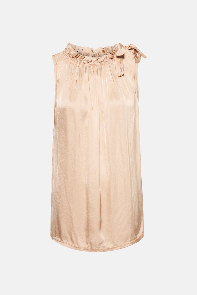 Beige mouwloze top van Terra di Siena met een geplooide hals en satijnen textuur.