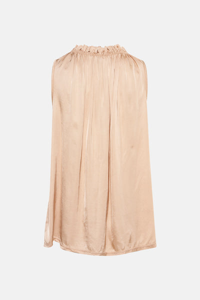 Beige mouwloze top van Terra di Siena, met een ruchekraag, in satijnen stof en A-lijn model.