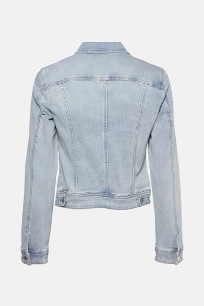 Veste en jean bleu clair de Morgan de Toi, avec coutures apparentes et coupe courte, vue de dos.