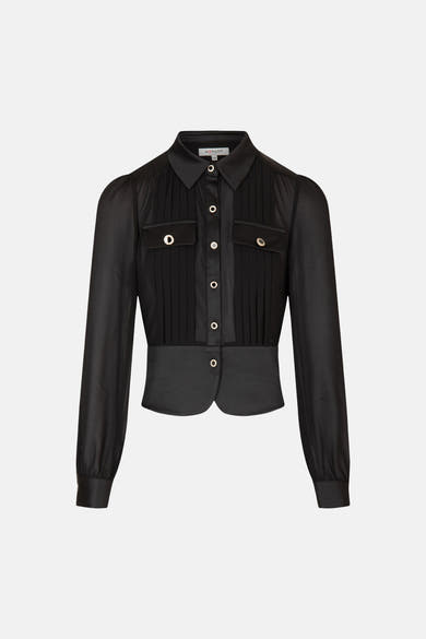 Black long-sleeve blouse with pleated front and gold-tone buttons by Morgan, featuring two chest pockets and a tailored fit, shown in front view.