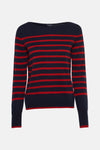 Pull à col rond en maille multicolore de Caroll, avec des rayures rouges sur fond bleu marine.