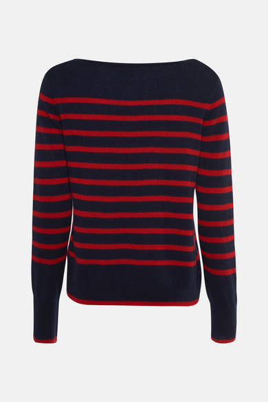 Pull à col rond multicolore de CAROLL, rayures horizontales bleu marine et rouge, coupe classique.
