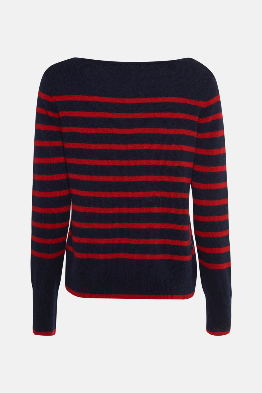Pull à col rond multicolore de CAROLL, rayures horizontales bleu marine et rouge, coupe classique.
