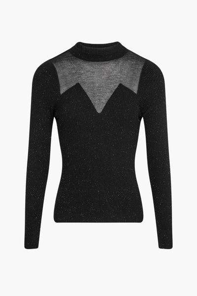 Black ribbed turtleneck sweater with sheer gray V-neck panel and subtle shimmer, front view