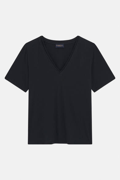 Zwart T-shirt met korte mouwen van CAROLL, V-hals en discrete textuur.
