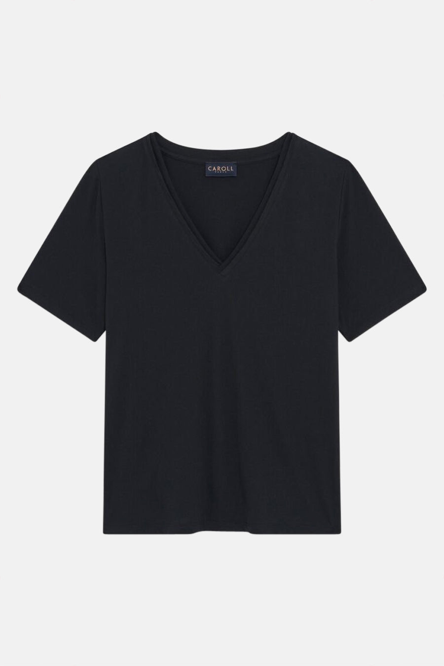 Zwart T-shirt met korte mouwen van CAROLL, V-hals en discrete textuur.
