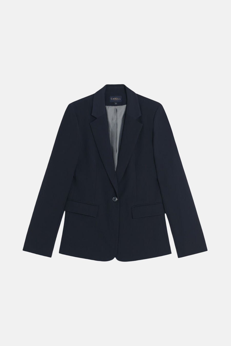 Blazer bleu de chez CAROLL, avec une doublure grise et une coupe classique à un bouton.