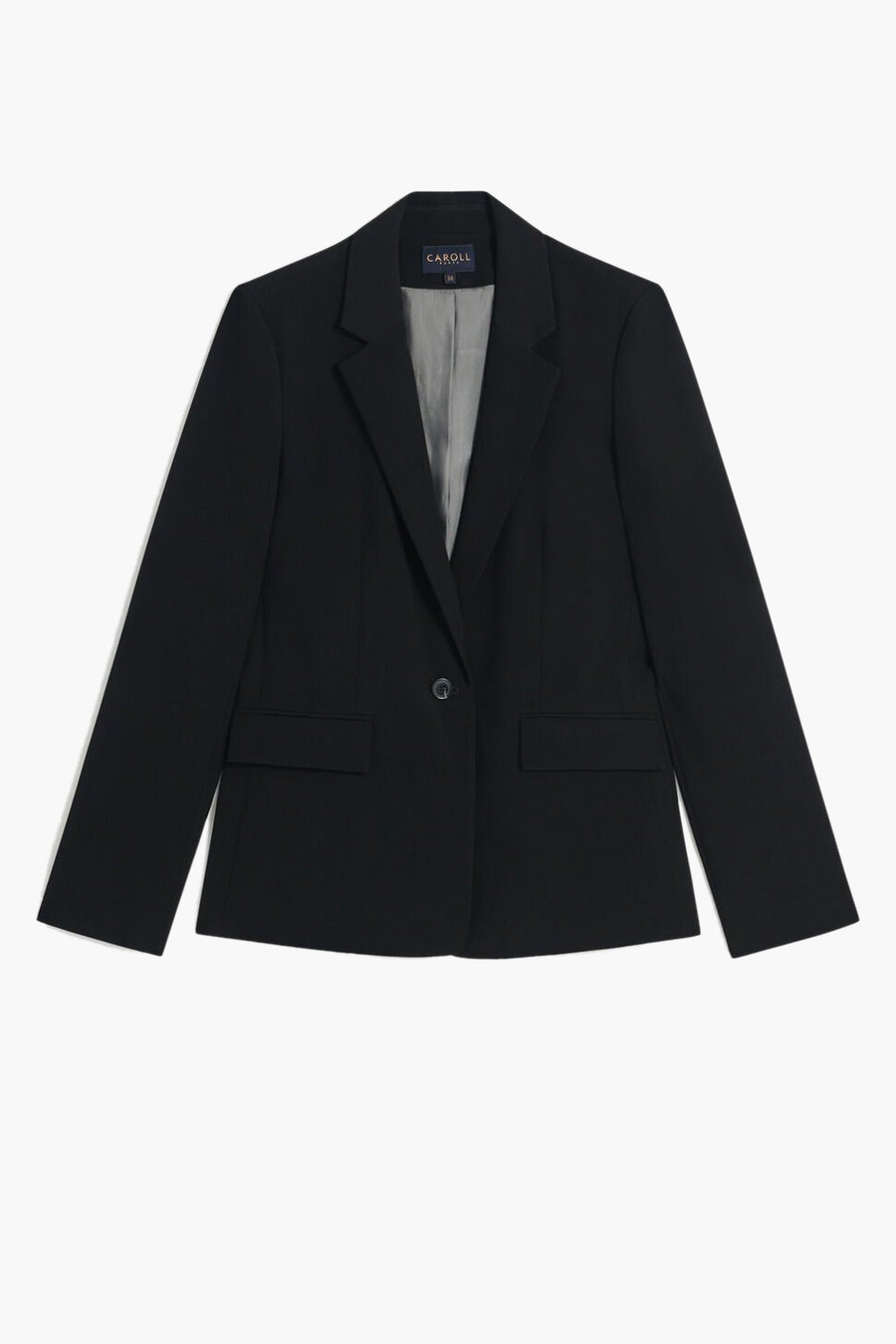 Blazer noir by Caroll, avec un bouton et des poches passepoilées.