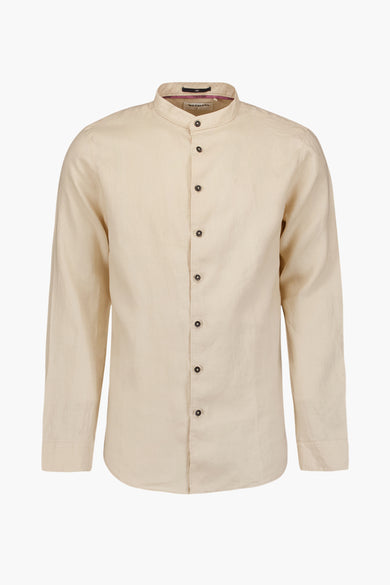 Chemise à manches longues beige en lin par NO EXCESS avec une fermeture boutonnée.