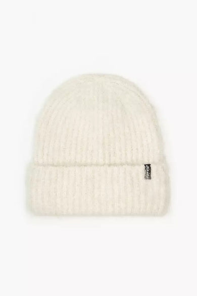 White ribbed knit beanie by Levi's with folded cuff and small brand tag on side, front view