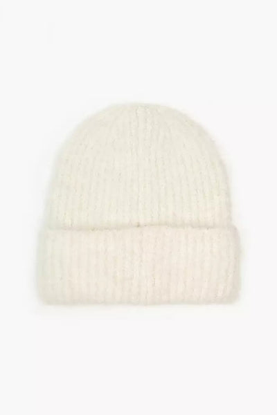 White ribbed knit beanie by Levi's, folded cuff, soft texture, front view