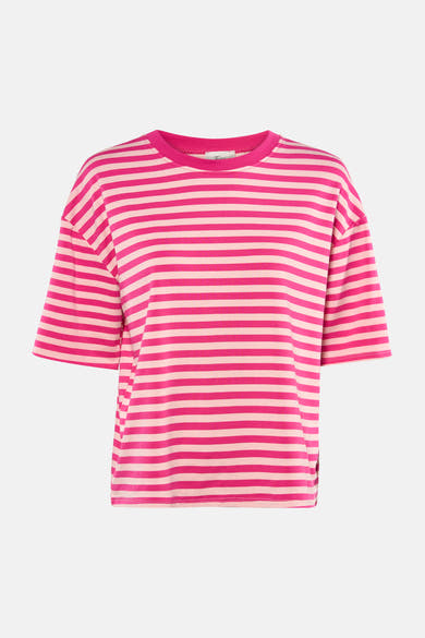 Roze T-shirt van Terra di Siena met roze en lichtroze strepen, ronde hals en wijde korte mouwen.