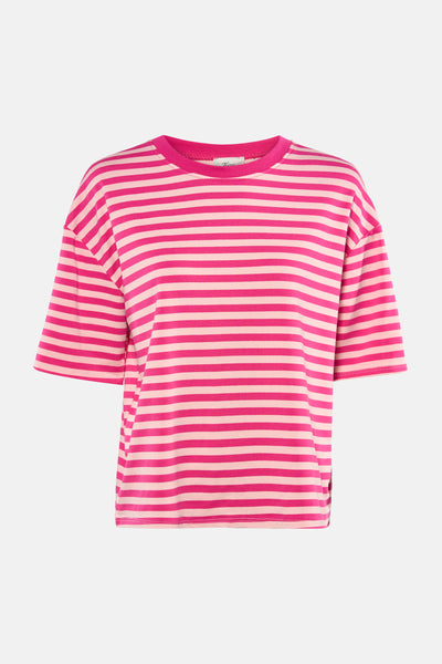 T-shirt rose de Terra di Siena à rayures roses et roses pâles, col rond et manches courtes amples.
