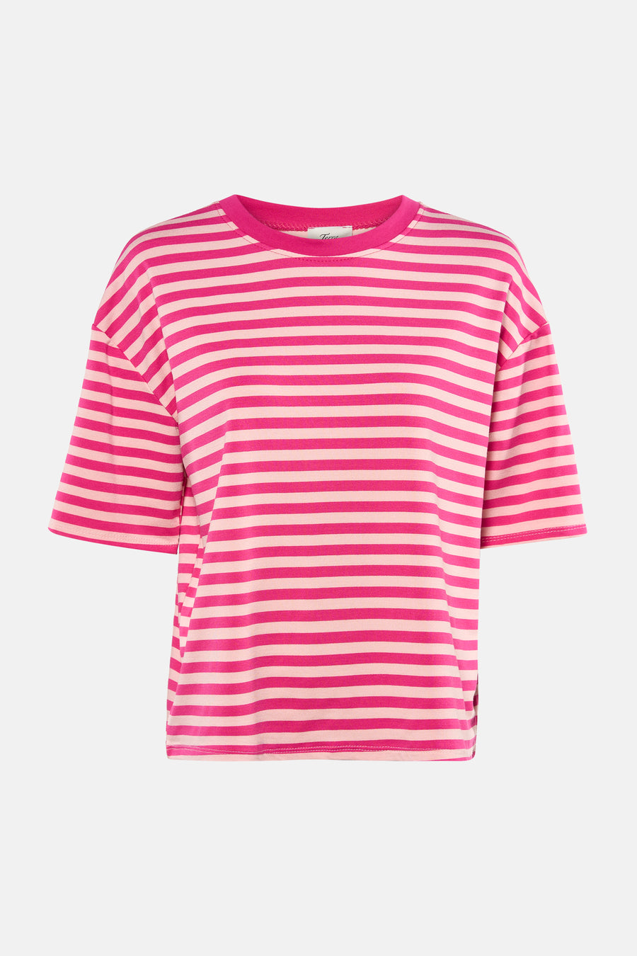 Roze T-shirt van Terra di Siena met roze en lichtroze strepen, ronde hals en wijde korte mouwen.