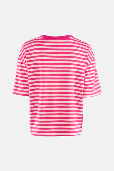 Roze T-shirt met korte mouwen van Terra di Siena, met roze en lichtroze strepen, achterkant, losse pasvorm.