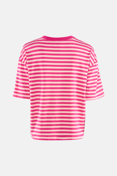 T-shirt à manches courtes rose de Terra di Siena, à rayures roses et rose pâle, vue de dos, coupe ample.