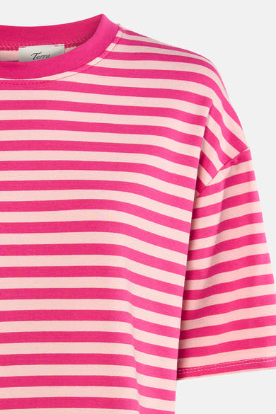 Roze T-shirt van Terra di Siena met horizontale fuchsia- en lichtroze strepen in getextureerde stof.