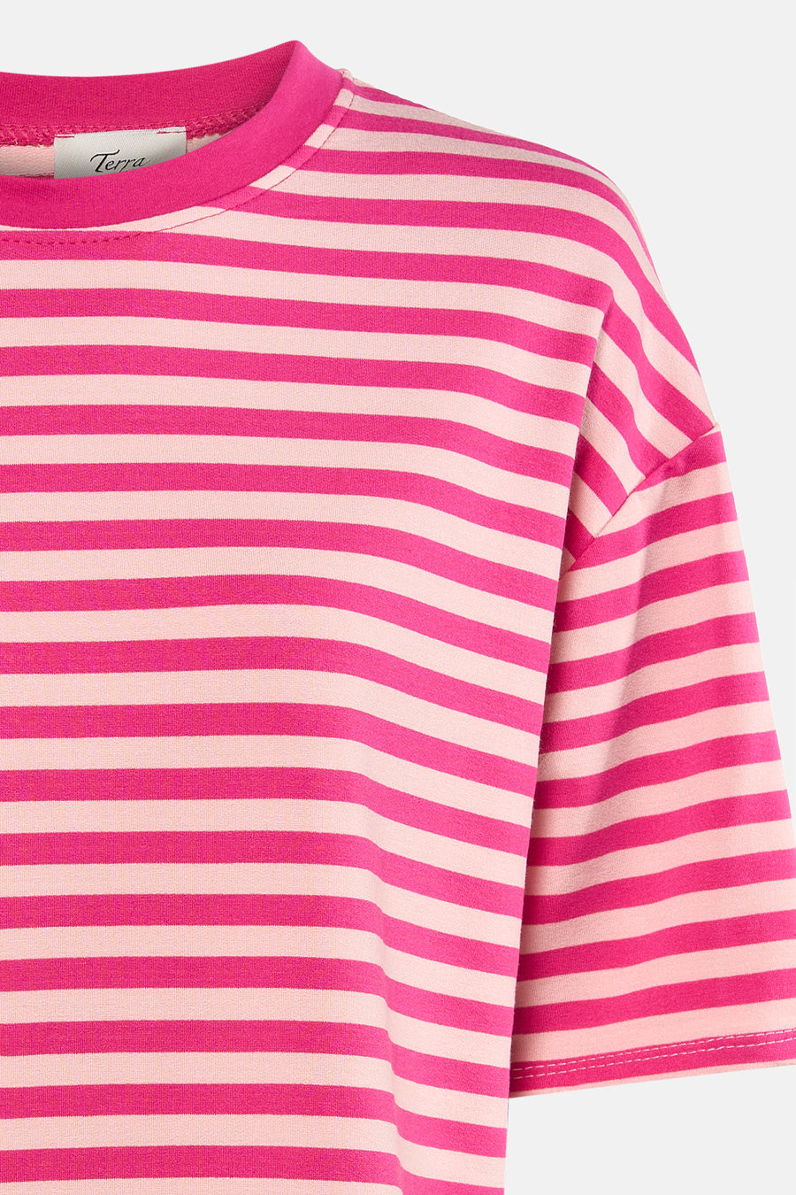 Roze T-shirt van Terra di Siena met horizontale fuchsia- en lichtroze strepen in getextureerde stof.