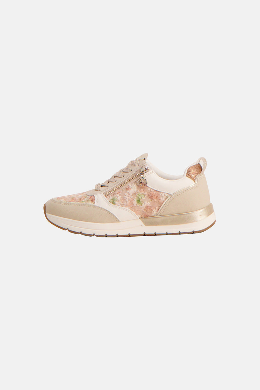 Beige TAMARIS sneakers met decoratieve ritssluiting en bloemenprint.