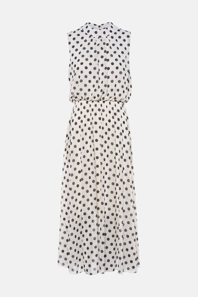 White sleeveless robe with black polka dots, high neckline, and pleated waist, front view