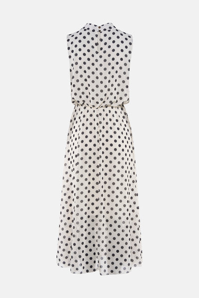 White sleeveless robe with black polka dots, high neckline, and gathered waist, shown from back view