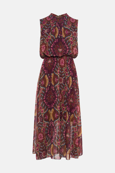 Multicolored sleeveless maxi dress with floral and paisley pattern, high neckline, and flowing fabric, front view