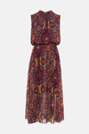 Multicolored sleeveless maxi dress with floral and paisley pattern, high neckline, and flowing fabric, front view