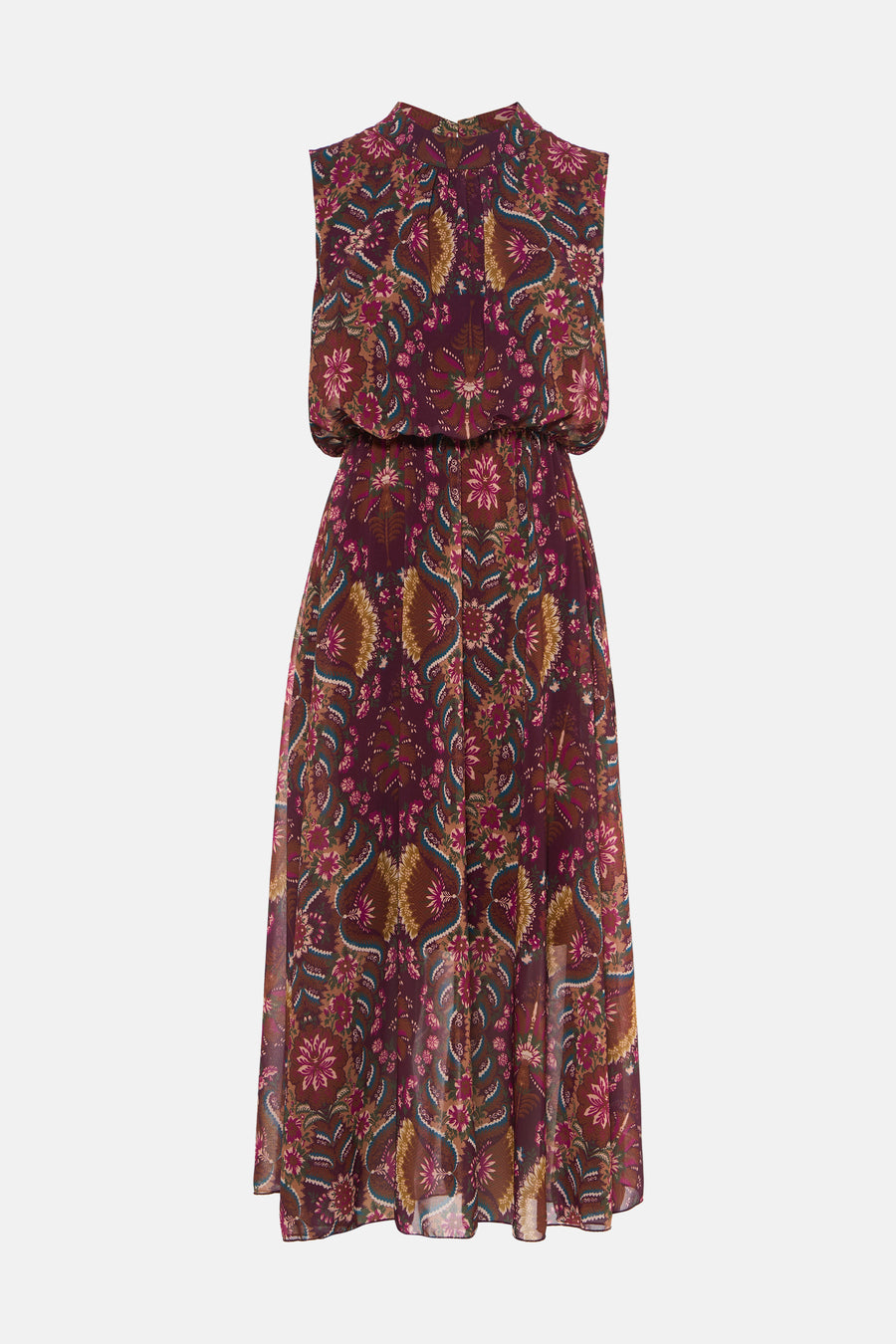 Multicolored sleeveless maxi dress with floral and paisley pattern, high neckline, and flowing fabric, front view