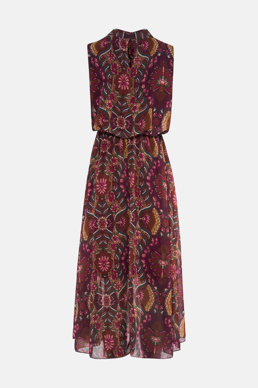Multicolored sleeveless dress with floral paisley print, high neckline, and flowing silhouette, back view