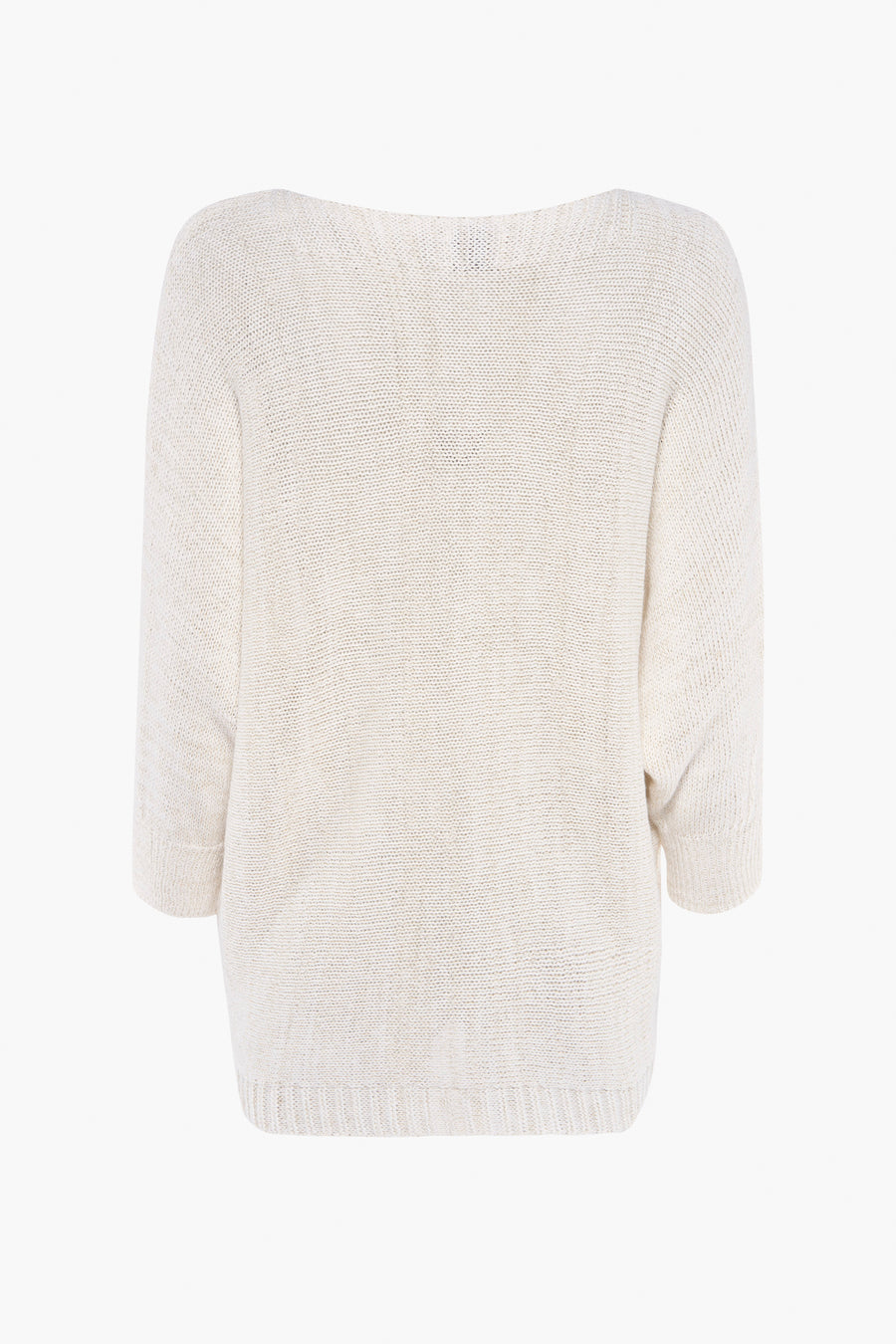 Pull écru de Terra di Siena, en maille légère, avec des manches trois-quarts, vue de dos.
