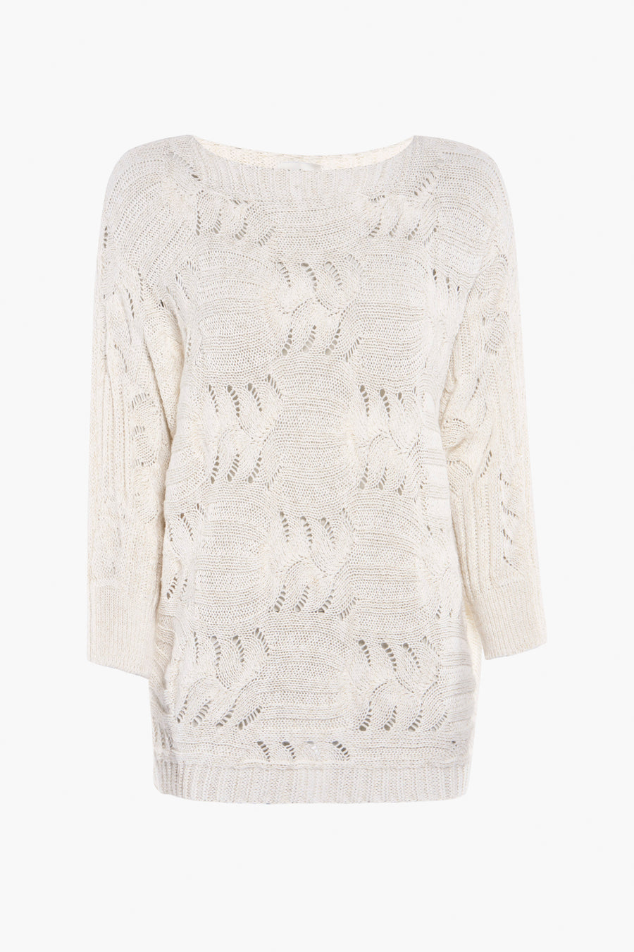Pull écru de Terra di Siena avec motif ajouré en maille et manches trois-quarts.

