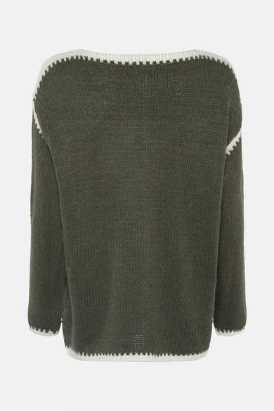 Khaki ronde hals trui van Terra di Siena, met witte contrasterende bies.