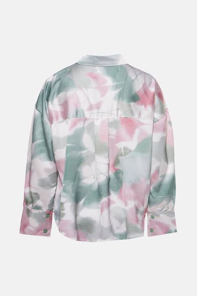 Multikleurig overhemd met lange mouwen van Terra di Siena, met een abstract roze en groen patroon, achterzijde.