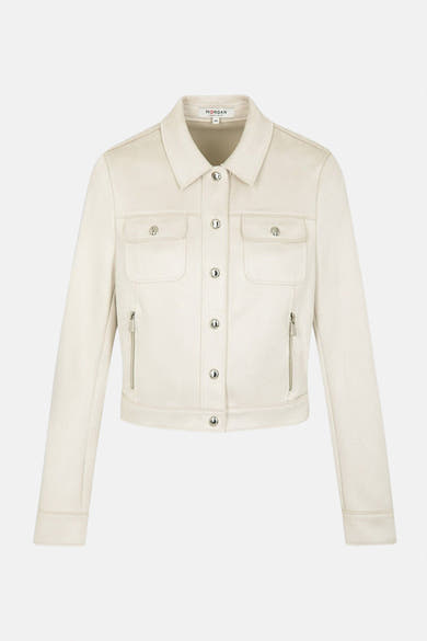 Veste courte beige de Morgan de Toi, avec poches à rabat et fermeture boutonnée métallique.
